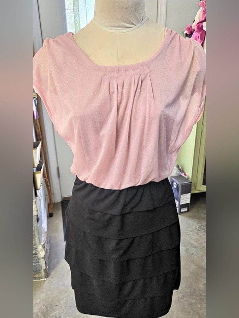 Enfocus Pink & Black Polka Dot Midi Dress Size 10P Like New